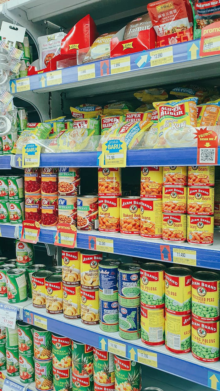 Canned and packaged goods neatly arranged on grocery store shelves, showcasing diverse food products.