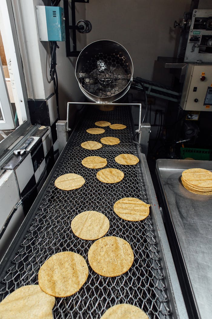 Rows of tortillas moving along a conveyor belt in a food processing factory.